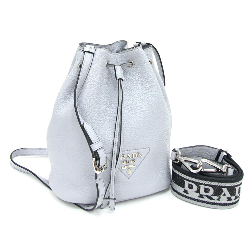 Prada Shoulder Bag Bucket Blue Gray Leather Crossbody Drawstring Handbag